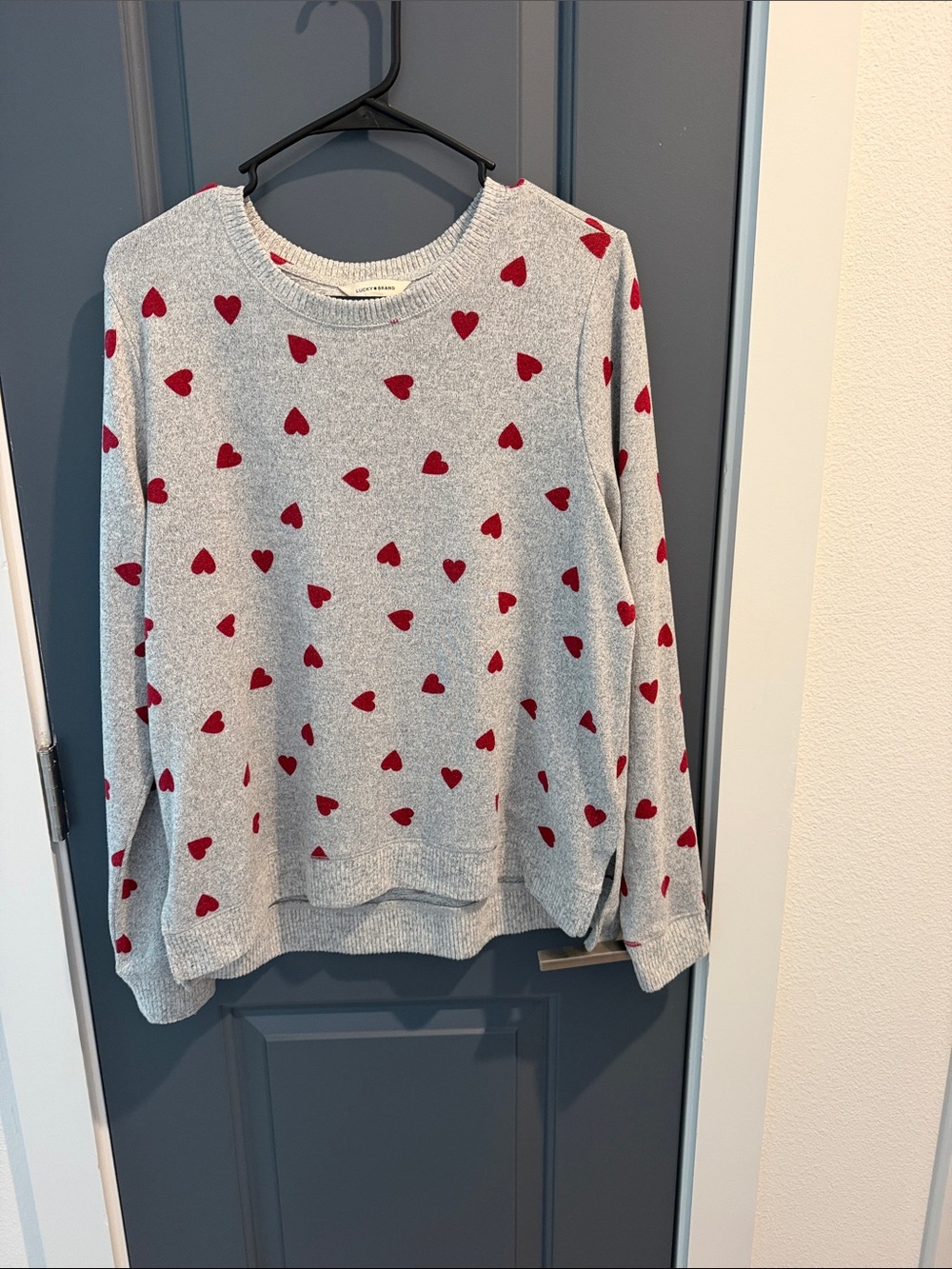 Lucky Brand Gray Crewneck Sweater with Red Heart Motif
